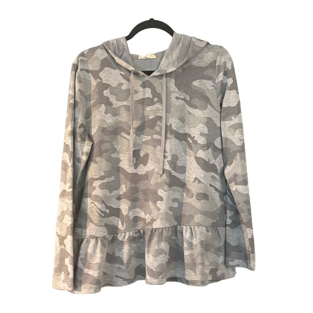 Jane And Delancey Hoodie Camo Print Womsns Size Large Ruffle Hem Long Sleeve